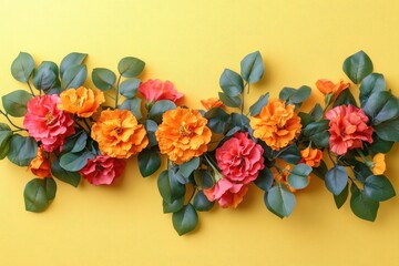 Obraz premium Orange and pink flowers creating a decorative border on yellow background