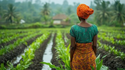 Female farmer observing turmeric crop in lush field