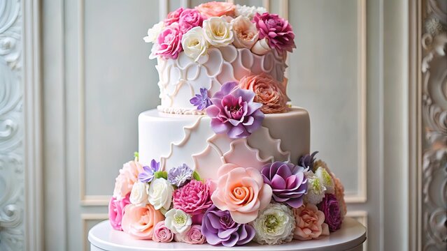 Two-tiered cake adorned with delicate sugar blossoms, showcasing a vibrant array of pastel hues and intricate frosting details.