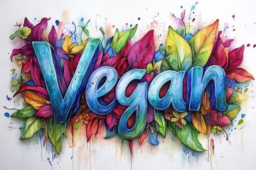 Colorful vegan lettering surrounded by vibrant flowers and leaves
