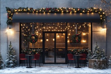 Cozy christmas cafe displaying festive decorations during a gentle snowfall
