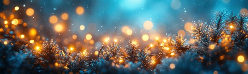 Naklejka premium Snow covered tree with lights on it, christmas holiday