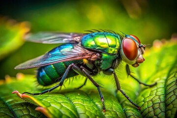Beautiful Fly on Vibrant Green Leaf with High Depth of Field, Macro Photography, Nature's Intricacies, Insect Close-Up, Detail and Colorful Background, Entomology and Ecology Themes