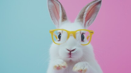A rabbit wearing glasses is standing in front of a pink background