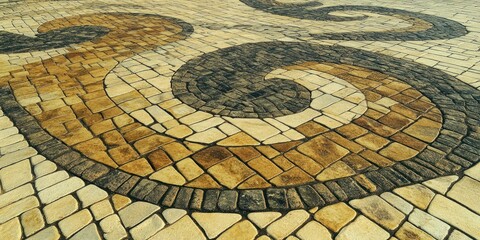 A decorative stone pavement featuring swirling patterns in earthy tones.