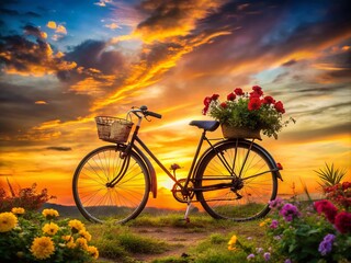 Naklejka premium Bicycle Silhouette with Flowers in Sunset Glow - Perfect for Nature Lovers, Cycling Enthusiasts, and Floral Decor Ideas - Stunning Landscape Photography for Home and Office Decor