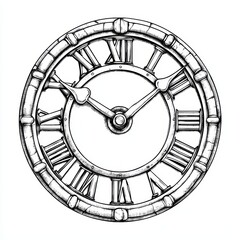 Vintage clock illustration with Roman numerals on a white isolated background.
