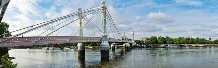 Wide Angle Panoramic Central Chelsea London city on river Thames Albert Bridge Road England United...