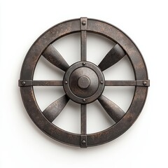 Obraz premium Vintage metal steering wheel design, isolated on a white background.