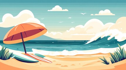 A cartoon illustration of a beach scene with surfboards, an umbrella, and waves crashing.
