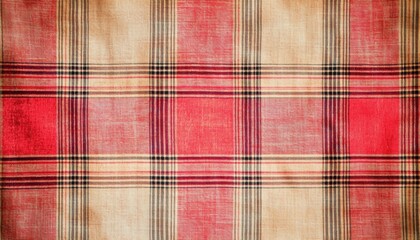 A textured plaid fabric featuring a mix of red, beige, and black patterns, suitable for clothing or home decor.