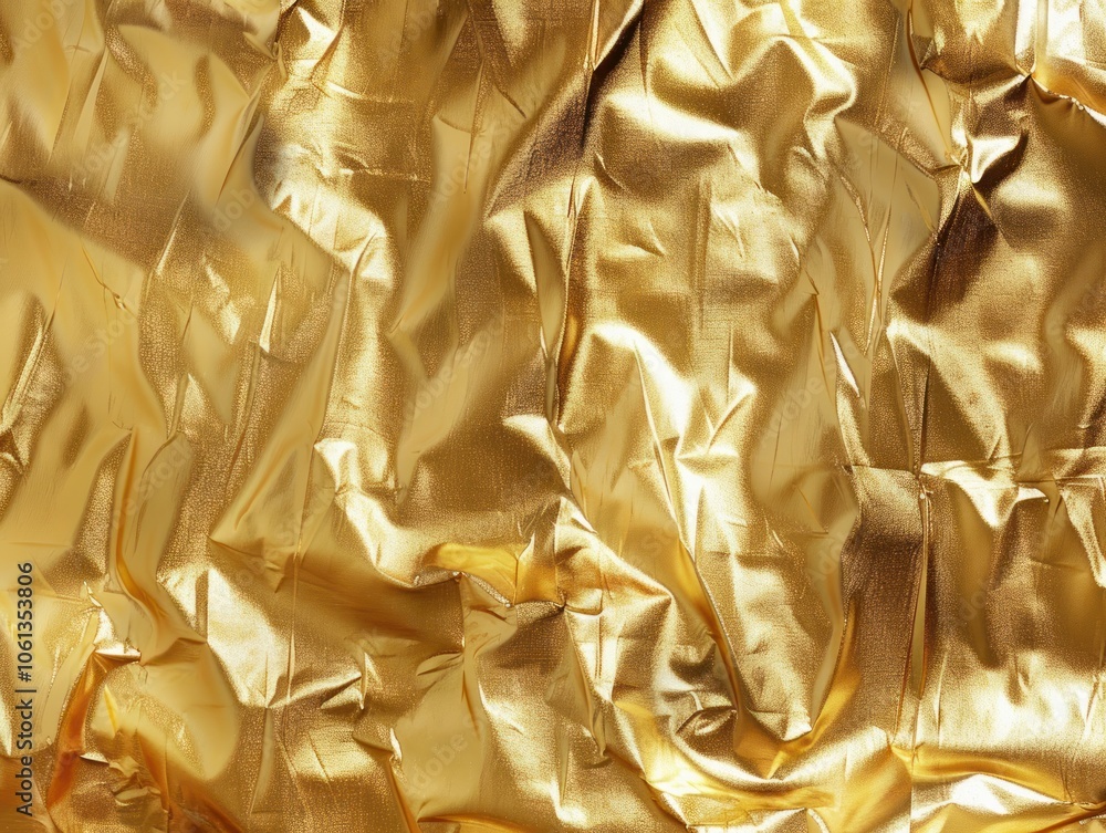 Poster a wrinkled sheet of shiny gold foil, creating a textured and reflective surface.