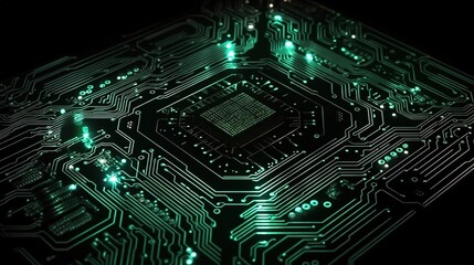 Glowing Neon Circuit Board Pattern on Black Background