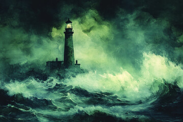 Fototapeta premium Green watercolor painting of lighthouse in the middle of a storm
