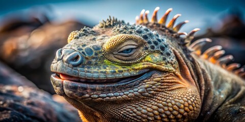Fototapeta premium Aerial Photography of a Smiling Marine Iguana Resting with Eyes Closed in the Galapagos Islands, Showcasing Unique Wildlife and Natural Habitat