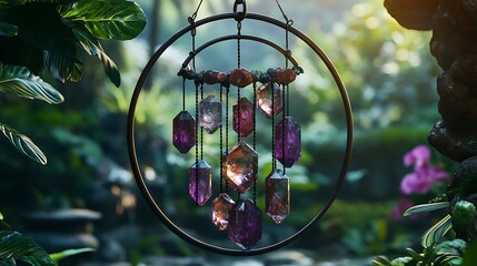 Artistic gemstone chime with amethyst, jade, and rose quartz pieces, hanging gracefully from a circular metal frame in a lush garden. Gemstones glow with soft light, casting tranquil reflections,