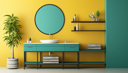 Modern Bathroom Interior Design with Yellow and Teal Walls