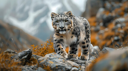 Fototapeta premium Majestic Snow Leopard Walking on Rocky Terrain, Realistic Photo