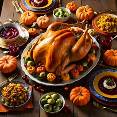 Thanksgiving Table Setting: Golden-Brown Roasted Turkey with Herbs, Seasonal Fruits, Pumpkin Pie, Autumn Decor, and Fine China, in a Cozy, Warmly Lit Atmosphere for a Festive Family Gathering