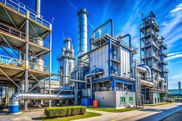 A modern industrial plant under a clear blue sky showcases advanced engineering in manufacturing, featuring innovative design and high-depth-of-field photography in an expansive industry landscape.