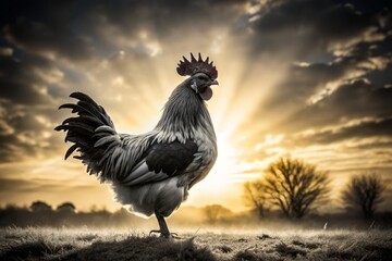 Fototapeta premium Elegant black and white silhouette of Brahma chicken, perfect for farm-themed designs, vintage art, and animal illustrations, adding a sophisticated touch to your projects.
