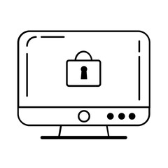 Simple black and white icon of a computer monitor displaying a padlock, symbolizing digital security and data protection. Perfect for illustrating cybersecurity, privacy, or secure access themes.
