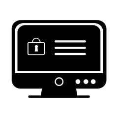Black and white icon showing a computer screen with a padlock symbol and three horizontal lines. Perfect for cyber security themes, data protection, and digital safety content.