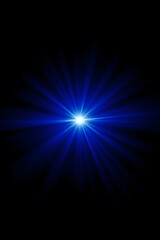 Obraz premium A bright blue light source radiating beams in all directions against a black background, creating a starburst effect.