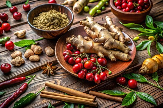 Aromatic Ginger Kaempferia Galanga and Cutcherry Rhizomes on Rustic Table - Versatile Asian Herb for Culinary and Medicinal Uses
