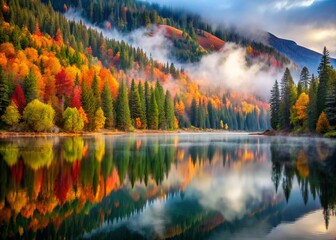 Fototapeta premium A serene autumn morning at Lake Josephine, Montana, features mist over peaceful waters, vivid fall leaves reflecting in a tranquil landscape, captured in long exposure.