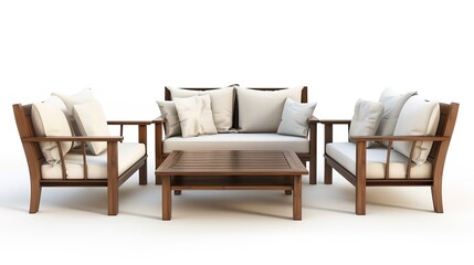 Furniture placed on a white background creates an elegant and inviting space. A harmonious display of home furnishings that inspires interior design.