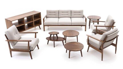 Furniture placed on a white background creates an elegant and inviting space. A harmonious display of home furnishings that inspires interior design.