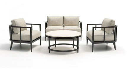 Furniture placed on a white background creates an elegant and inviting space. A harmonious display of home furnishings that inspires interior design.