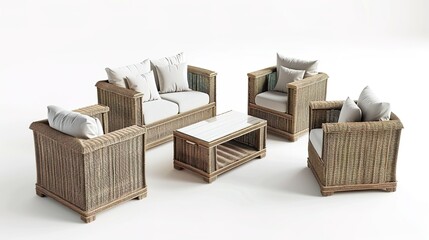 Furniture placed on a white background creates an elegant and inviting space. A harmonious display of home furnishings that inspires interior design.