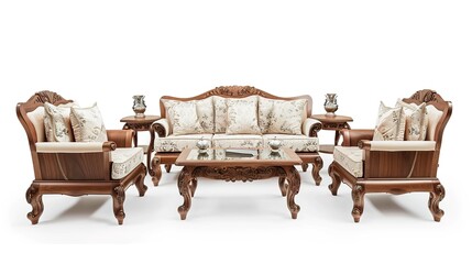 Furniture placed on a white background creates an elegant and inviting space. A harmonious display of home furnishings that inspires interior design.