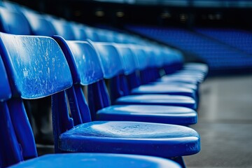 Fototapeta premium Photograph of blue seats in an outdoor stadium for spectators.