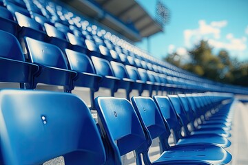 Photograph of blue seats in an outdoor stadium for spectators.
