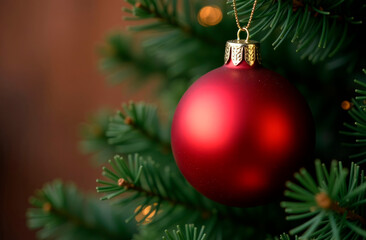 Fototapeta premium Close up view of christmas fir branches with shiny red ball, xmas ornaments, christmas holidays background