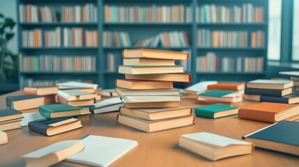 Books stacked on a table in a library.