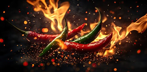 Red and green chili peppers on fire, dark background, flames flying around