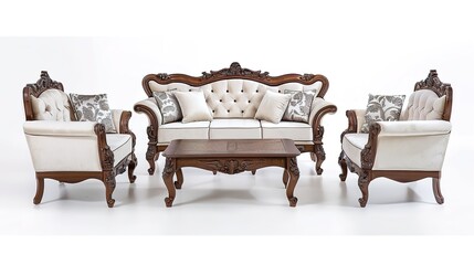 Furniture placed on a white background creates an elegant and inviting space. A harmonious display of home furnishings that inspires interior design.