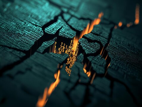 Cracked holographic vault with binary code leaking into darkness, security breach, data vulnerability