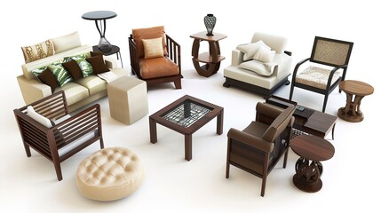 Furniture placed on a white background creates an elegant and inviting space. A harmonious display of home furnishings that inspires interior design.