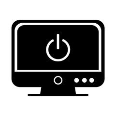 Black and white icon of a computer monitor with a power button symbol. Ideal for tech-related content, tutorials, or articles about powering devices on or off. Simple and sleek design.