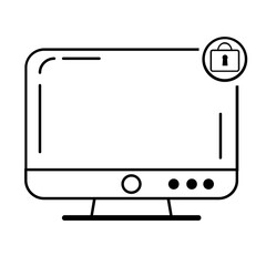 Simple black and white icon of a computer monitor with a padlock symbol, representing data security and privacy. Perfect for tech-related content and online safety themes.