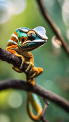 Fototapeta premium A colorful chameleon perched on a branch with a blurred background.