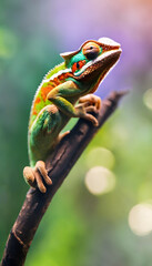 A colorful chameleon perched on a branch with a blurred background.