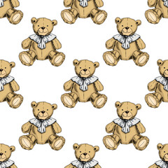 Hand-drawn ink seamless pattern of vintage toy. Teddy bear toy. Outline on a white background, vintage vector illustration.