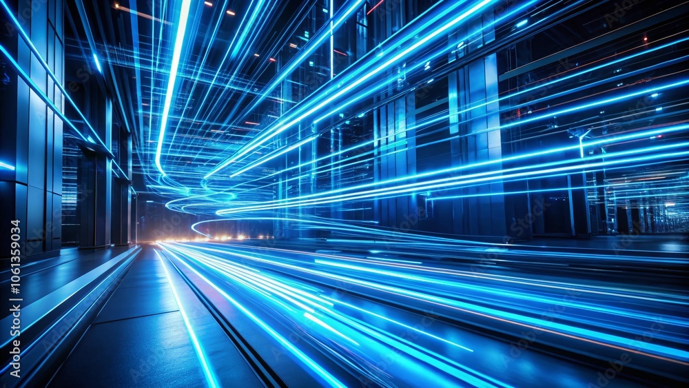 Poster captivating fast moving blue neon line effect with bokeh background for dynamic visuals and modern a