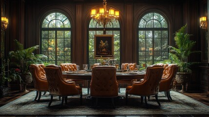 Fototapeta premium A formal dining room with a large round table and leather chairs, surrounded by large windows overlooking a lush garden.